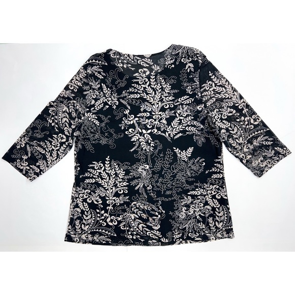 CJ Banks Black Multicolor Embellished 3/4 Sleeve Knit Printed Mesh Blouse - Picture 11 of 15